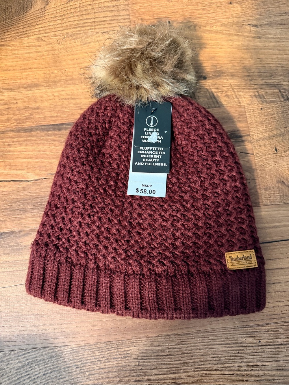 Timberland Women's Deep Burgundy Knit Beanie with Faux Fur Pom